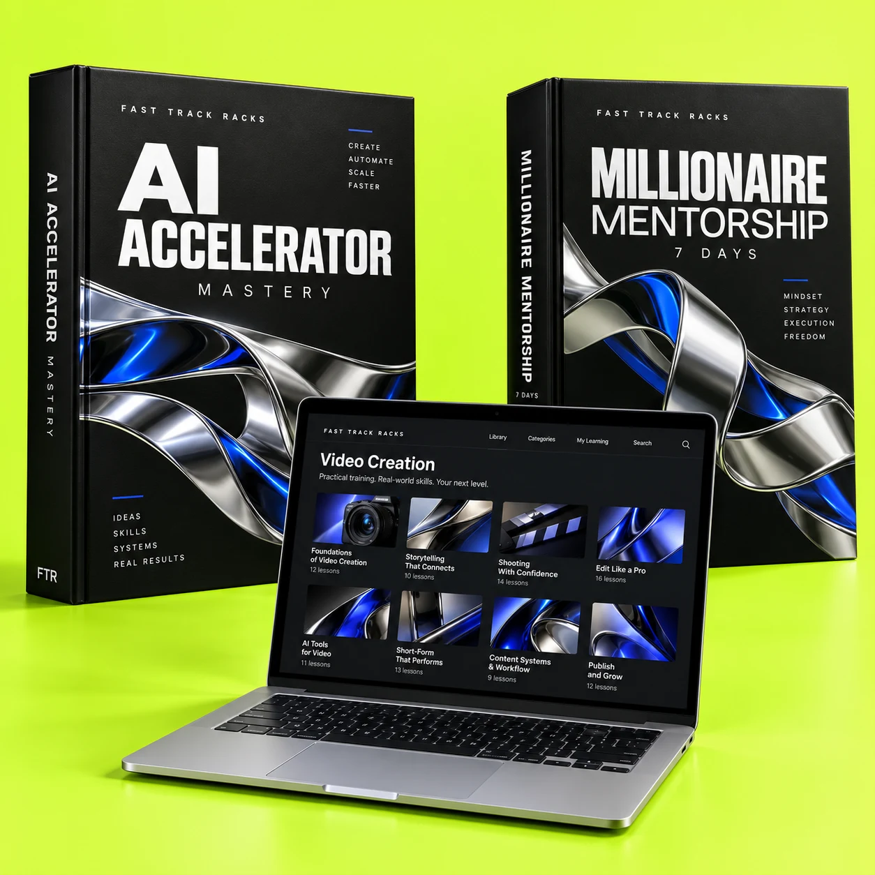 Redesigned AI Accelerator Mastery and Millionaire Mentorship books with a digital course laptop